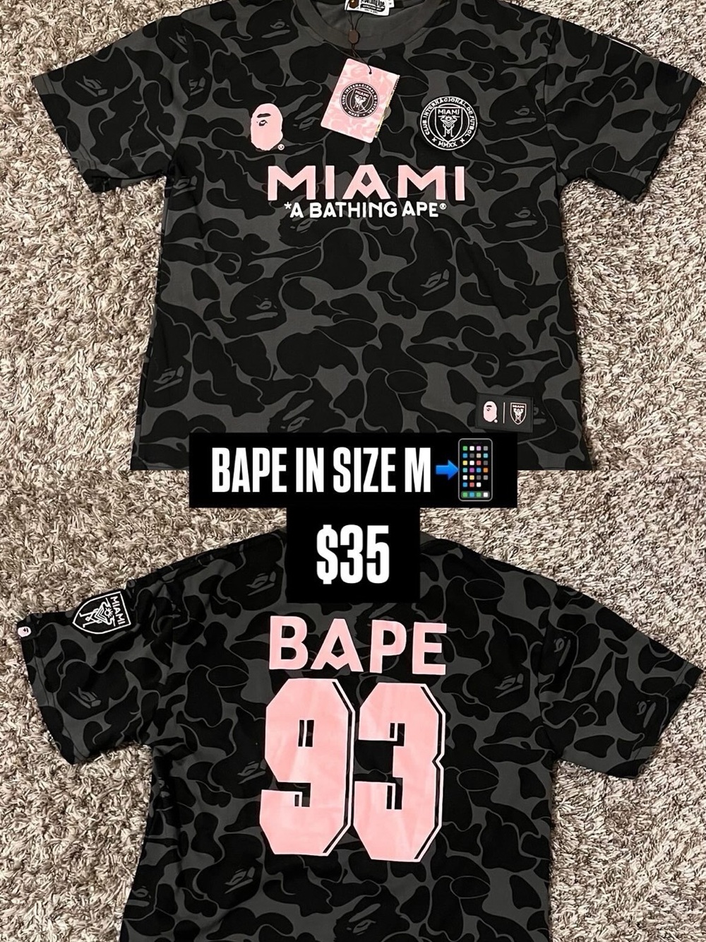 Bape Black Camo Tee with Pink Miami Logo & Back Number